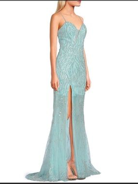 Elegant Blue Sequin Beaded Spaghetti-Strap Evening Dress
